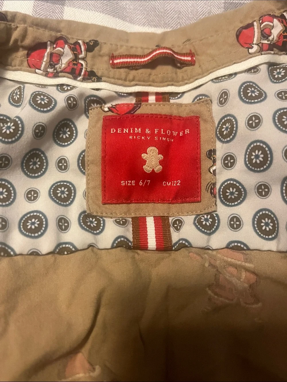 Denim & Flower Tan Button-Down Shirt with Red Santa Print